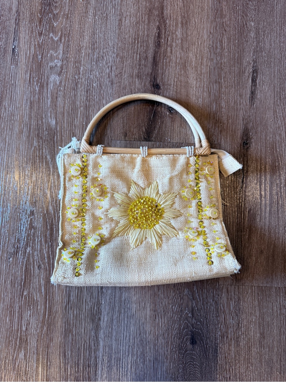 Beaded Sunflower Embroidered Straw Tote — Yellow